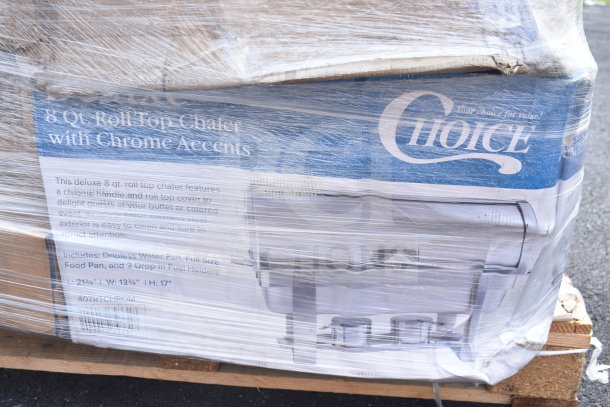 26 brand new scratch and dent items, including glasses, bowls, and food trays. Box labeled with "8 Qt. Roll Top Chafer with Chrome Accents" by Choice, wrapped in plastic.
