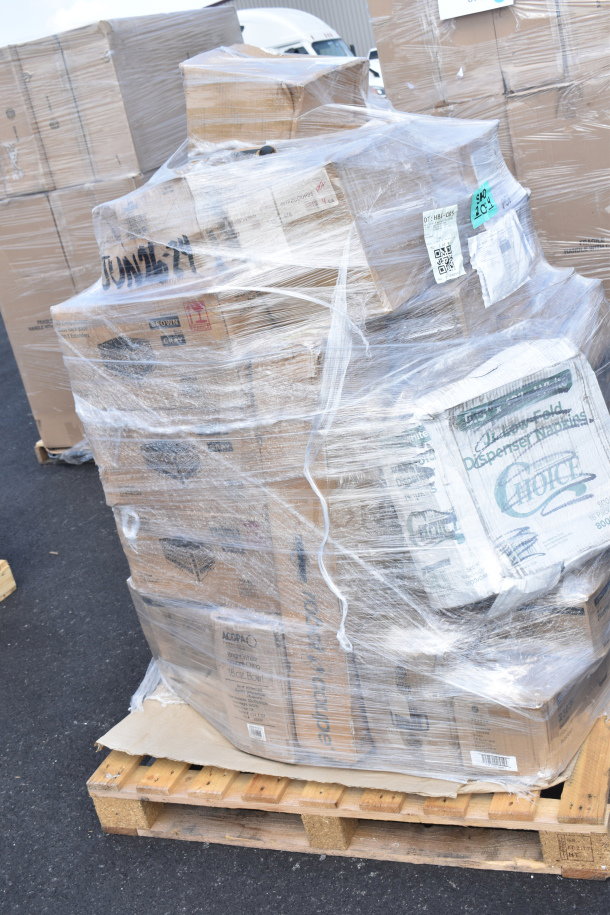 Pallet with 26 boxed items, including glasses, bowls, and food trays. Boxes labeled "JUN26-24" and wrapped in plastic. Scratch and dent condition.