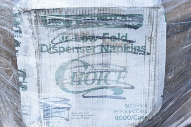 Box of 500 Choice Jr. Low Fold Dispenser Napkins, 16 packs per case, partially wrapped in protective film.