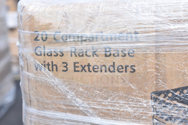 Wrapped cardboard box labeled "20 Compartment Glass Rack Base with 3 Extenders," indicating storage for glassware.
