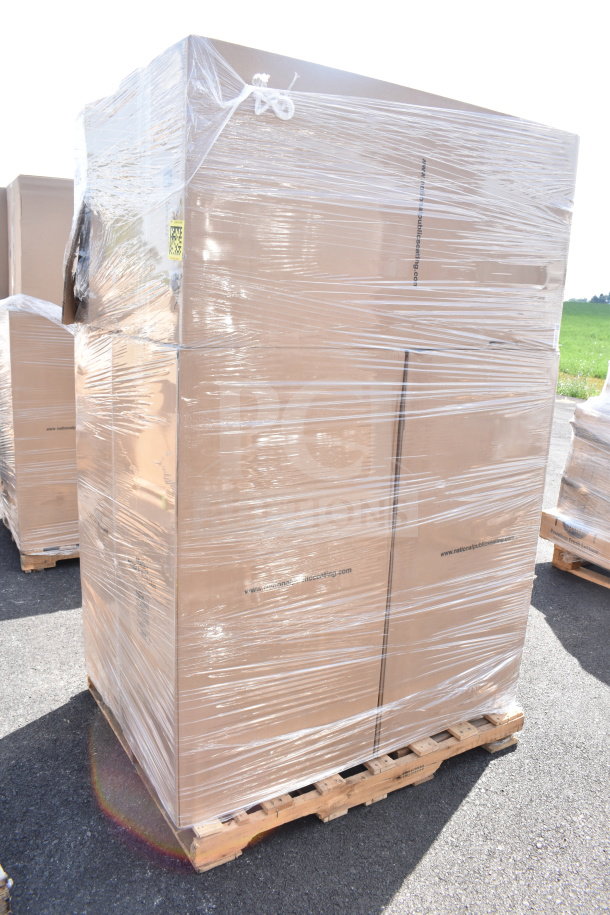 Pallet of boxed Lancaster Table & Seating 164CBNQ2BKSL black stackable banquet chairs, 6 units, new condition, wrapped.