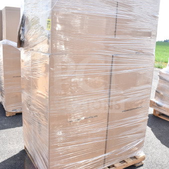Pallet of boxed Lancaster Table & Seating 164CBNQ2BKSL black stackable banquet chairs, 6 units, new condition, wrapped.