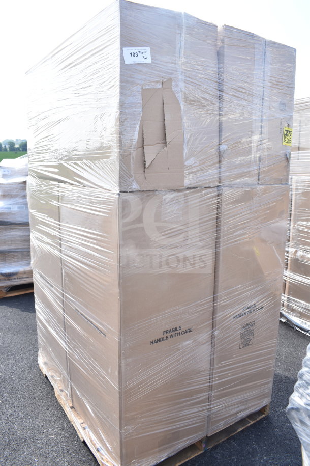 Large pallet with wrapped boxes labeled "FRAGILE HANDLE WITH CARE", containing six new Lancaster black banquet chairs.