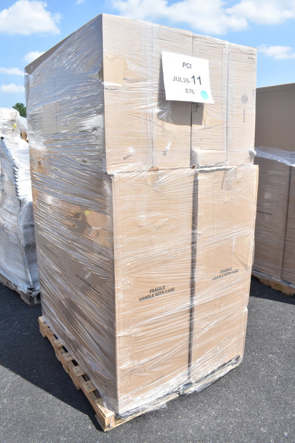 Cardboard box on a pallet, wrapped in plastic, labeled "PCI JUL26-11 876." Contains six new Lancaster Table & Seating chairs.