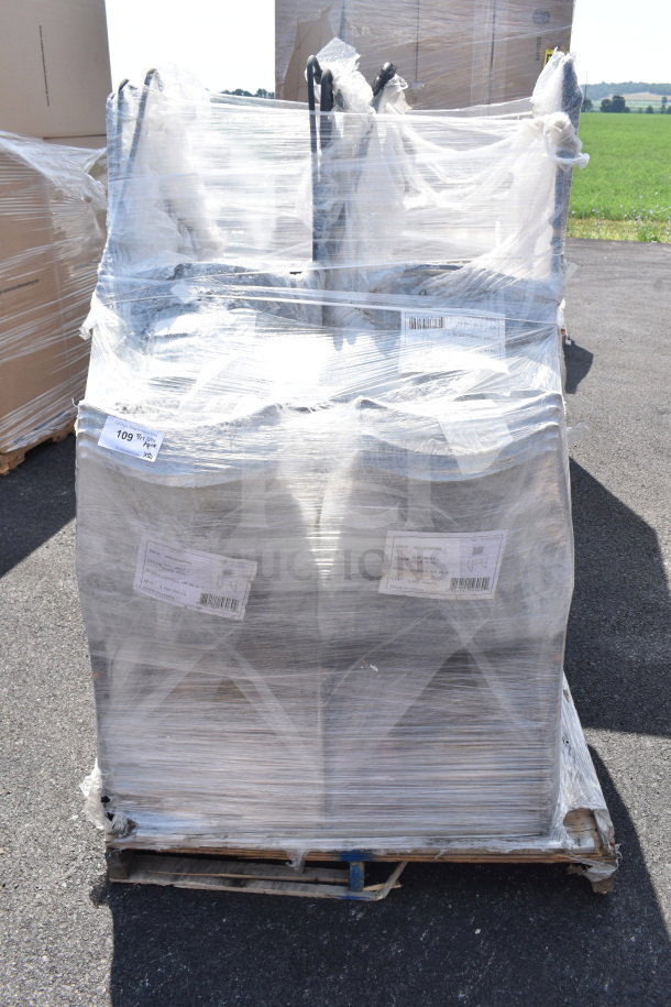 Pallet of 30 new Flash Furniture Hercules gray chairs with black sled base, wrapped for shipping, labels visible.