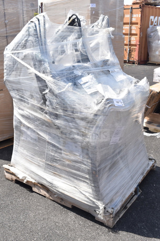 30 Flash Furniture Hercules chairs, gray and black, ventilated and contoured, stacked on pallet, shrink-wrapped.