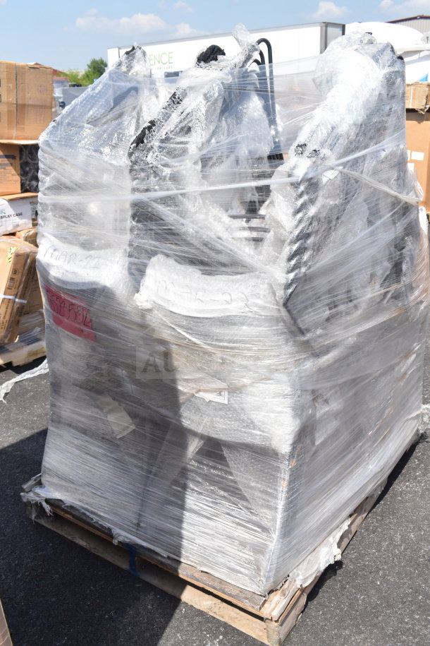 30 new Flash Furniture Hercules chairs, gray ventilated contoured design, black sled base, scratch and dent, wrapped on pallet.