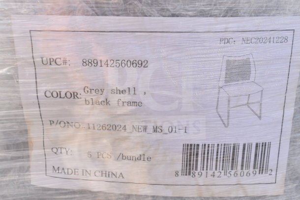 Flash Furniture Hercules stacking chair label, gray shell, black frame, UPC: 889142560692, 5 pieces per bundle, made in China.