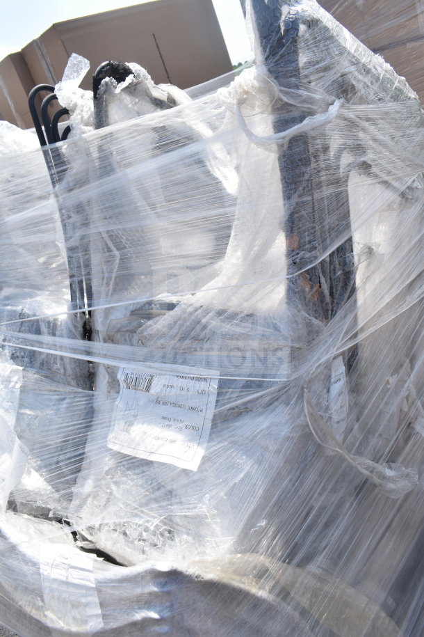 30 new Flash Furniture Hercules stacking chairs, gray ventilated, black sled base, scratch and dent condition, in packaging.
