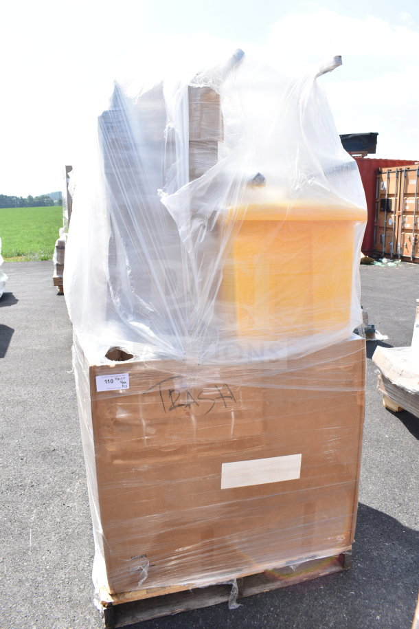 Plastic-wrapped pallet containing 13 brand new, scratch and dent items including a yellow trash can. Labeled "Trash."