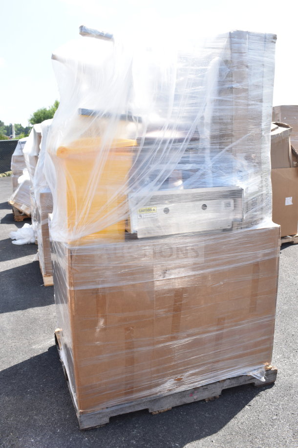 Shrink-wrapped pallet of 13 brand new scratch and dent items, including trash can, wall shelf, sink. Signs caution fragile.