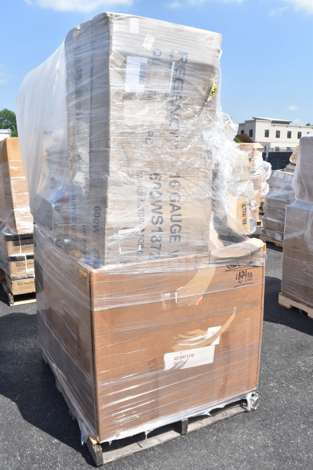 13 brand new scratch and dent items on a pallet, including trash can, wall shelf, sink. Wrapped in plastic. Visible labels and markings.