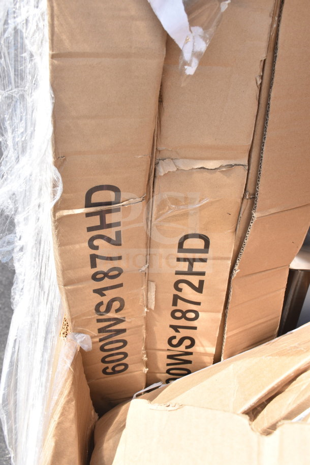 Cardboard boxes labeled "600WS1872HD," showing signs of wear, hinting at a mix of scratch and dent items.