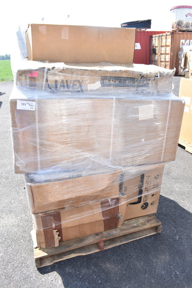 Pallet with 9 brand new scratch and dent items, including hot dog bun boxes and trays. Boxes are shrink-wrapped.