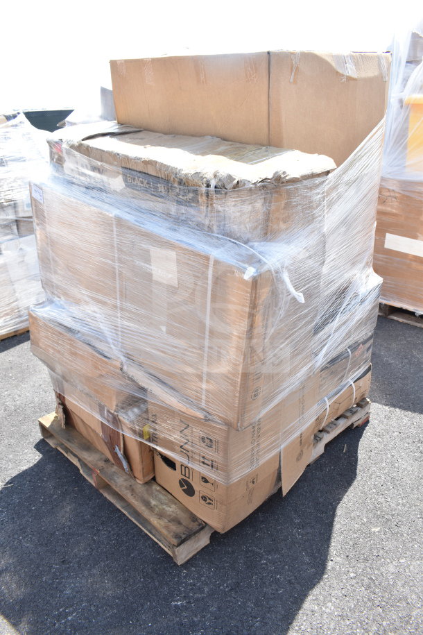 Pallet with 9 new scratch-and-dent items, including hot dog bun boxes and trays, wrapped in plastic.
