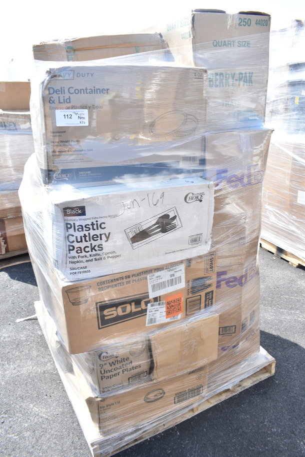 Stack of brand new scratch and dent items including lids, hot cups, and food trays. Various brands in original packaging on pallet.