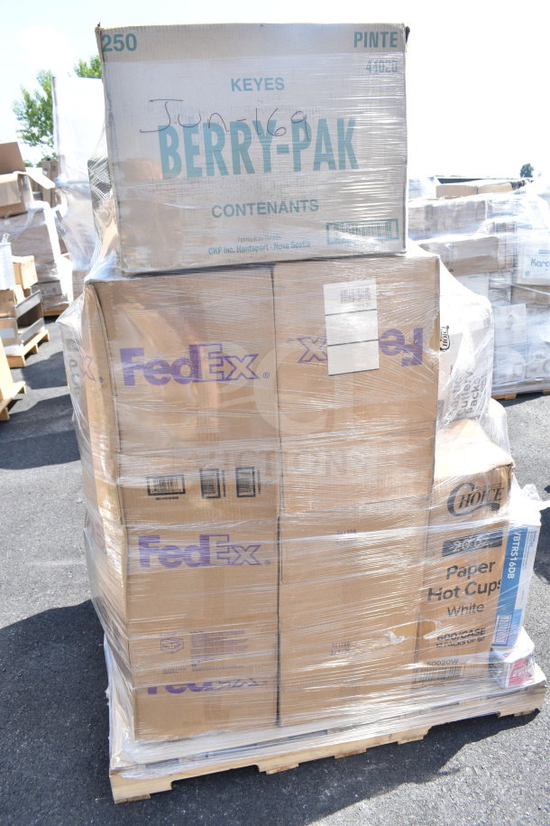 Shrink-wrapped pallet with boxes labeled FedEx and Berry-Pak. Includes lids, hot cups, food trays. New scratch and dent condition.