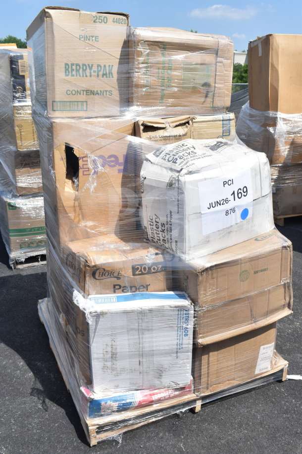 Pallet of assorted new scratch and dent items, including lids, hot cups, and food trays. Boxes marked "JUN26-169".
