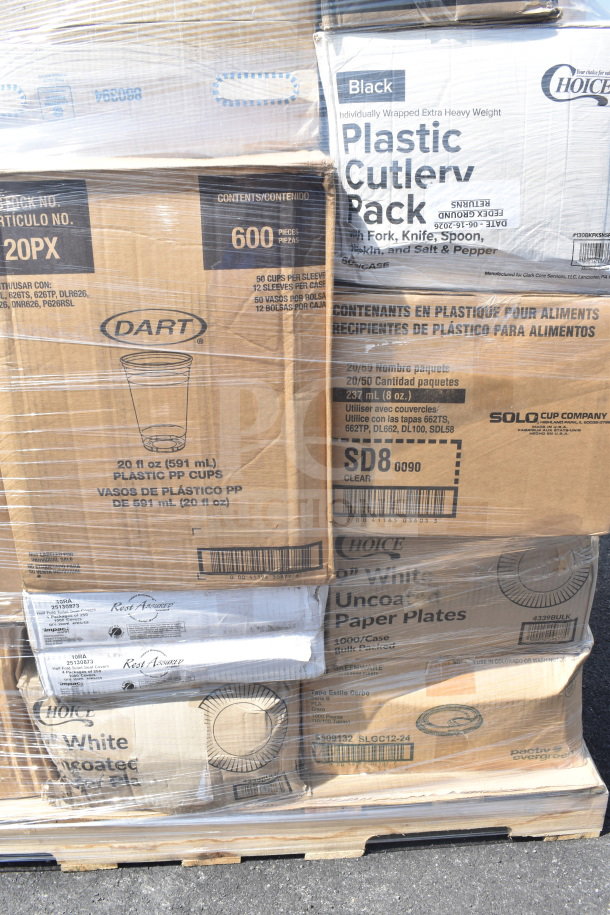 Sealed pallet of 22 scratch and dent items including Dart hot cups, plastic cutlery packs, and paper plates. Multiple brands and sizes.