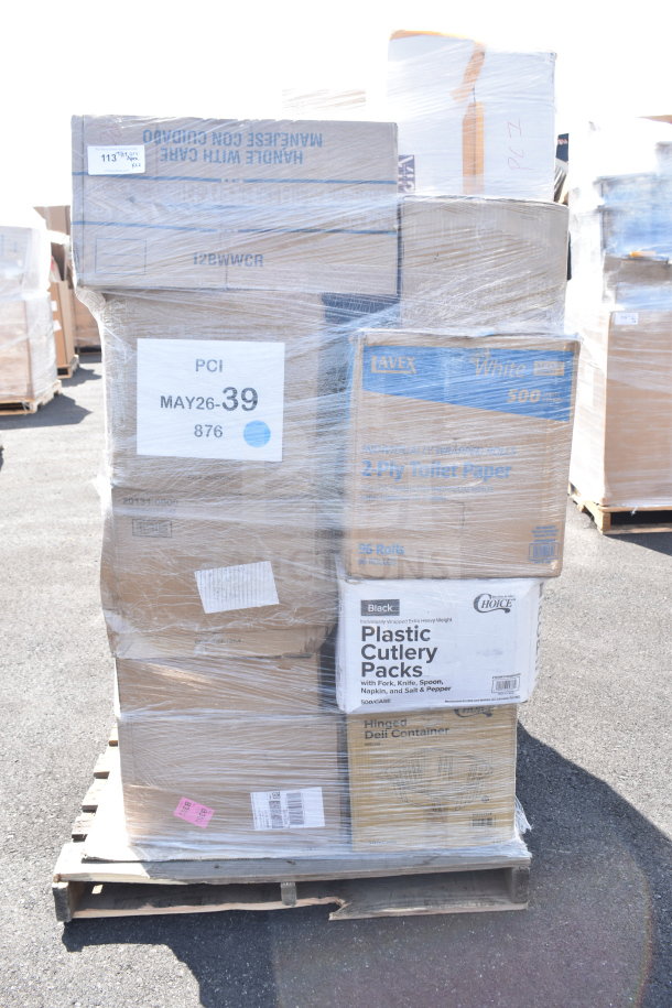 Pallet of 22 new scratch and dent items including hot cups, deli containers, and takeout containers, wrapped and labeled.