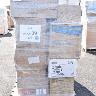Pallet of 22 new scratch and dent items including hot cups, deli containers, and takeout containers, wrapped and labeled.