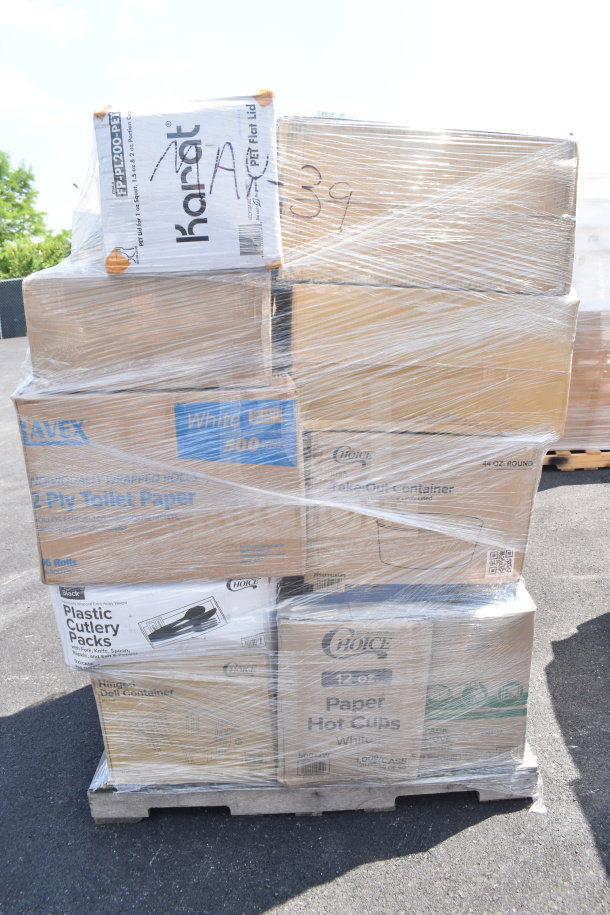 Pallet with 22 boxes of new scratch and dent items including Karat hot cups, deli containers, and takeout containers.