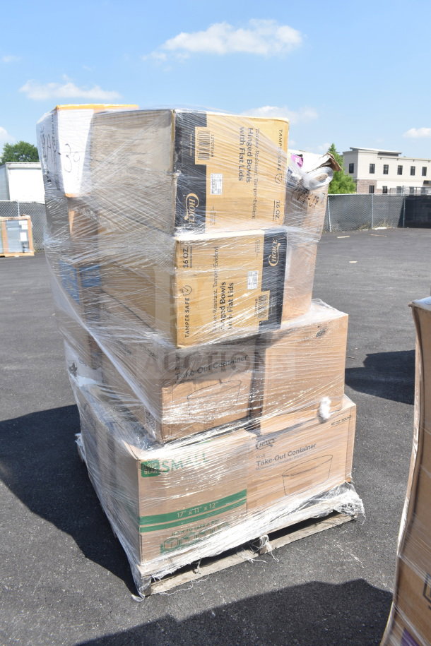 Pallet with 22 new scratch and dent boxes containing hot cups, deli and takeout containers, wrapped in plastic.