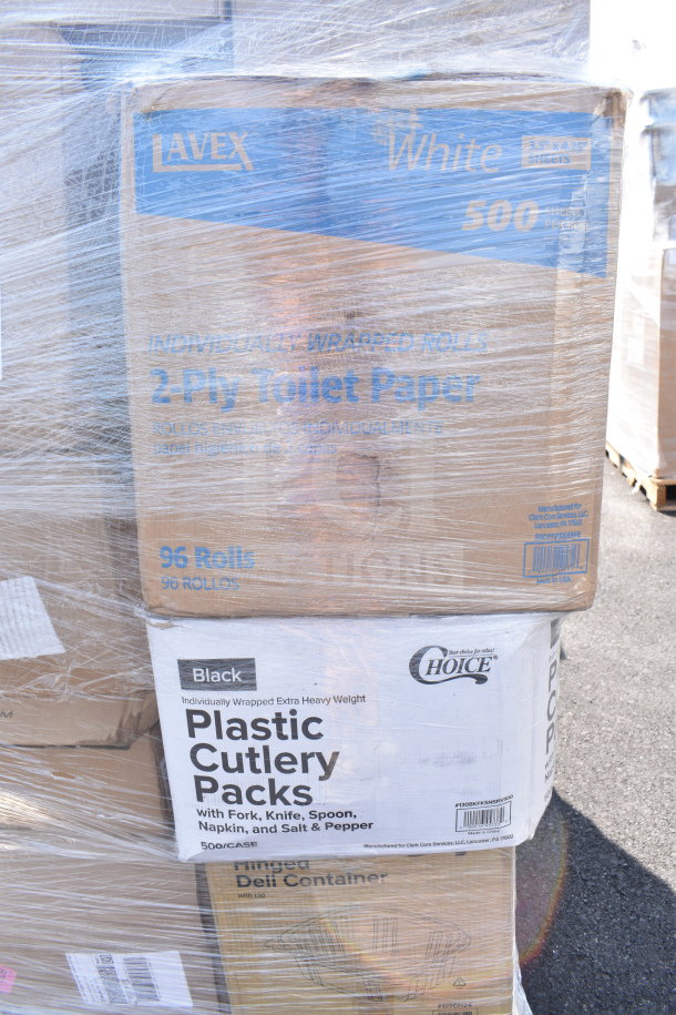 Stacked boxes containing Lavex toilet paper, Choice plastic cutlery packs, and deli containers, wrapped in plastic.