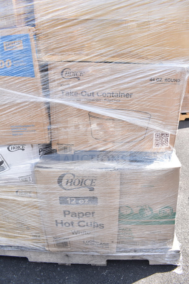 Pallet of 22 new scratch and dent items, including Choice takeout containers and paper hot cups, wrapped in plastic.
