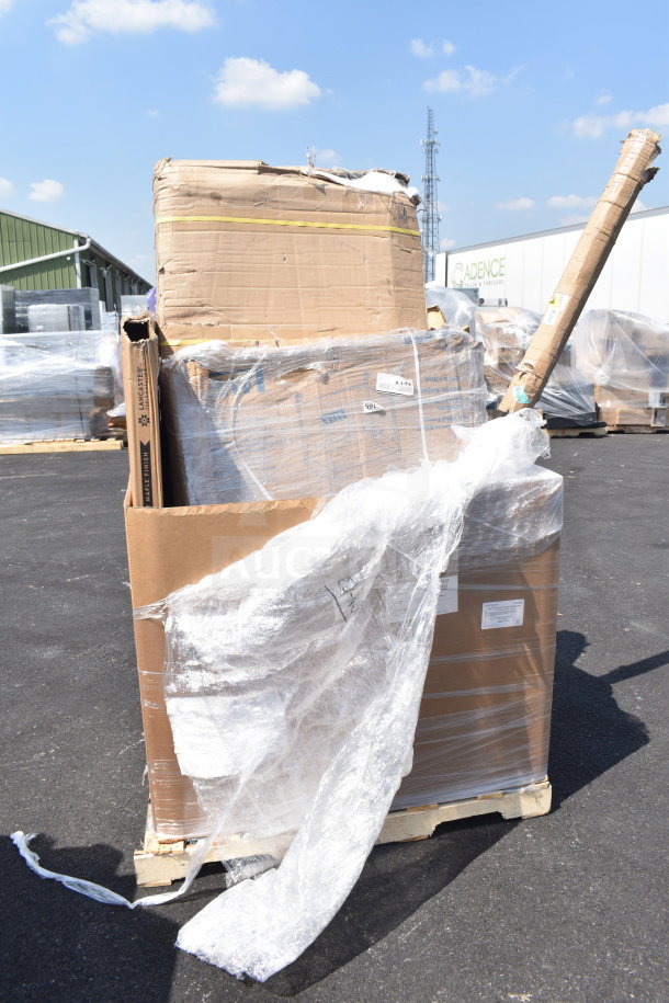 Pallet of 8 brand new scratch and dent items, including cart, tabletop, and sink. Visible packaging and markings on boxes.