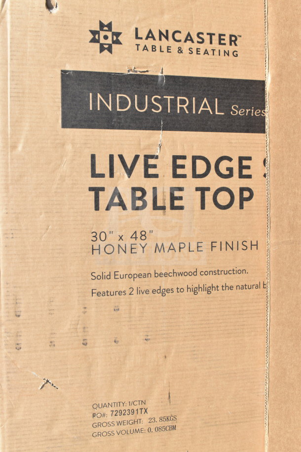 Lancaster Tabletop Box marked "30" x 48" Honey Maple Finish," showcasing live edge, solid European beechwood. Quantity: 1/ctn.