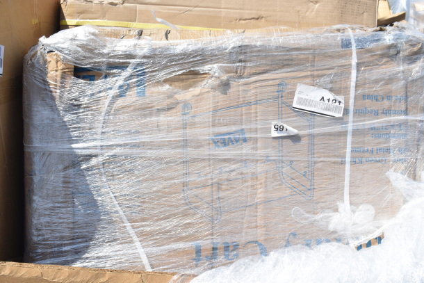 Sealed cardboard box labeled "Valex," with minor damage, encased in plastic wrap. Auction lot A121. Includes cart, tabletop, sink.