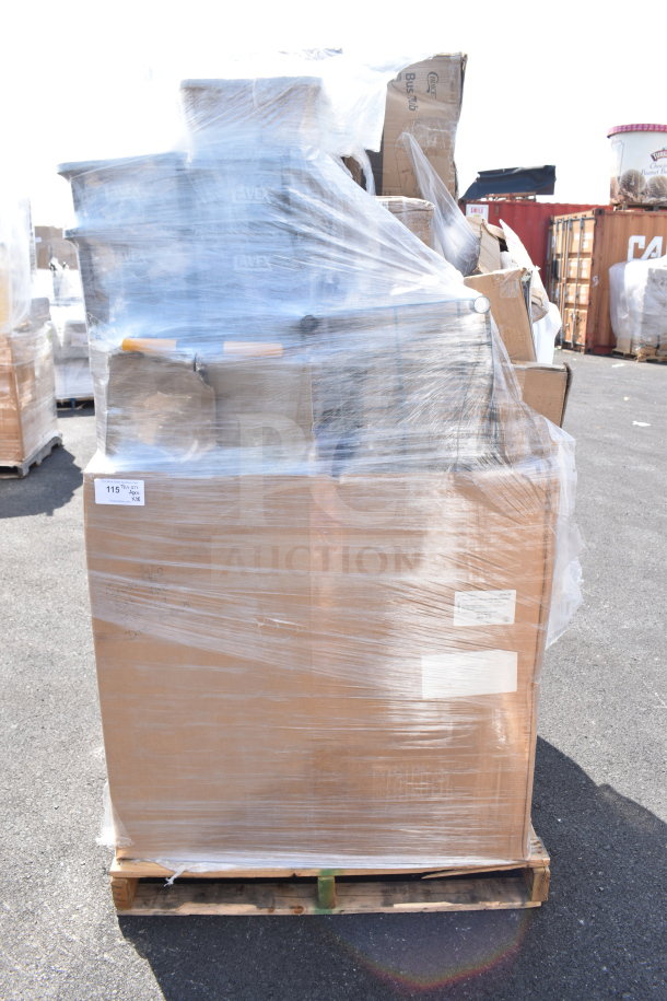 Pallet of 18 new scratch and dent items, including a shelf, sauce pot, and sheet pan rack, wrapped in plastic for auction.