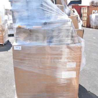 Pallet of 18 new scratch and dent items, including a shelf, sauce pot, and sheet pan rack, wrapped in plastic for auction.