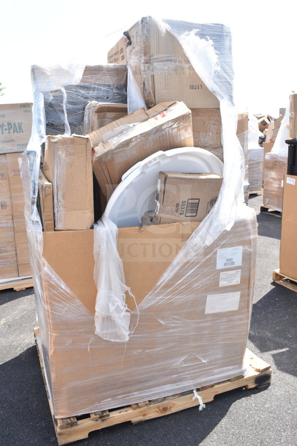 Auction pallet with 18 new scratch and dent items, including shelf, sauce pot, and sheet pan rack in wrapped boxes.