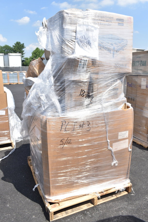 Pallet with 18 new scratch and dent items, including a shelf, sauce pot, and sheet pan rack. Wrapped in plastic with visible labels.