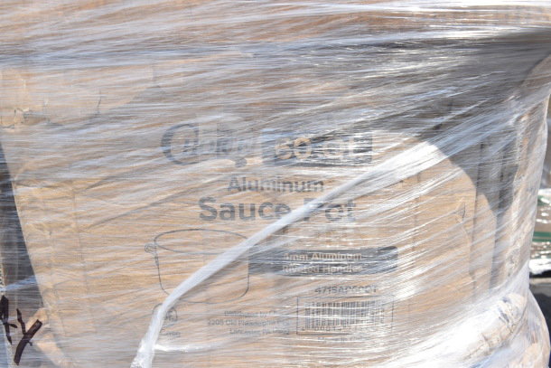 Clear-wrapped aluminum sauce pot, 60 qt capacity, brand new with visible "Choice" label. Part of 18-item auction bundle.