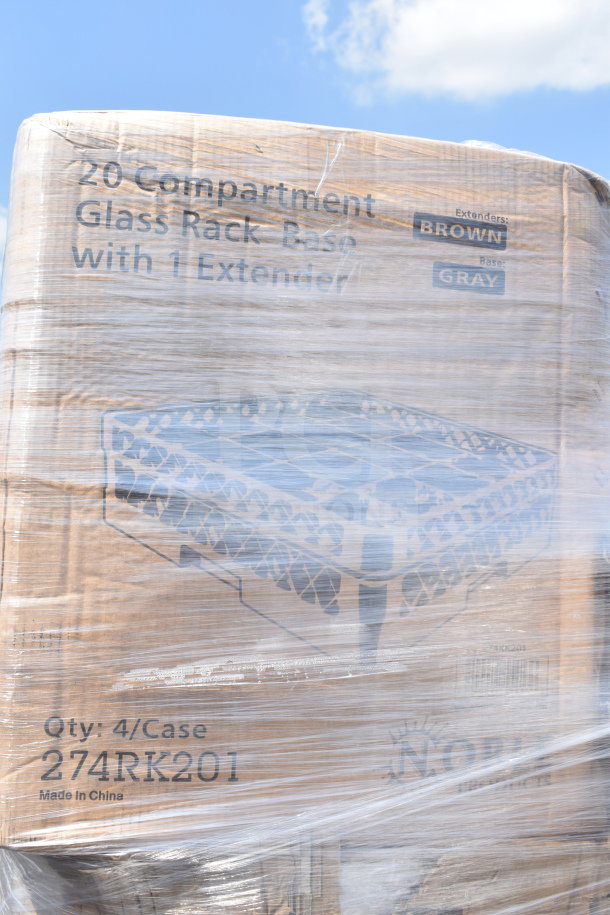 Stack of boxes labeled "20 Compartment Glass Rack Base with 1 Extender", "Extenders: Brown, Base: Gray", 4 per case. Made in China.