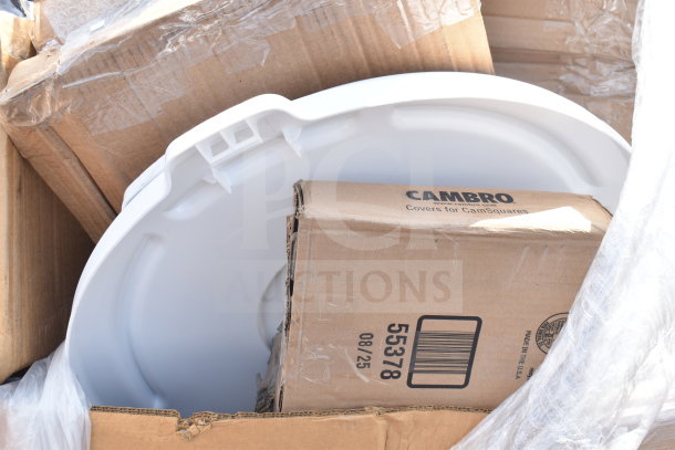 Cardboard boxes with a white Cambro cover partially visible. Boxes show slight wear. Label reads "Covers for CamSquares."