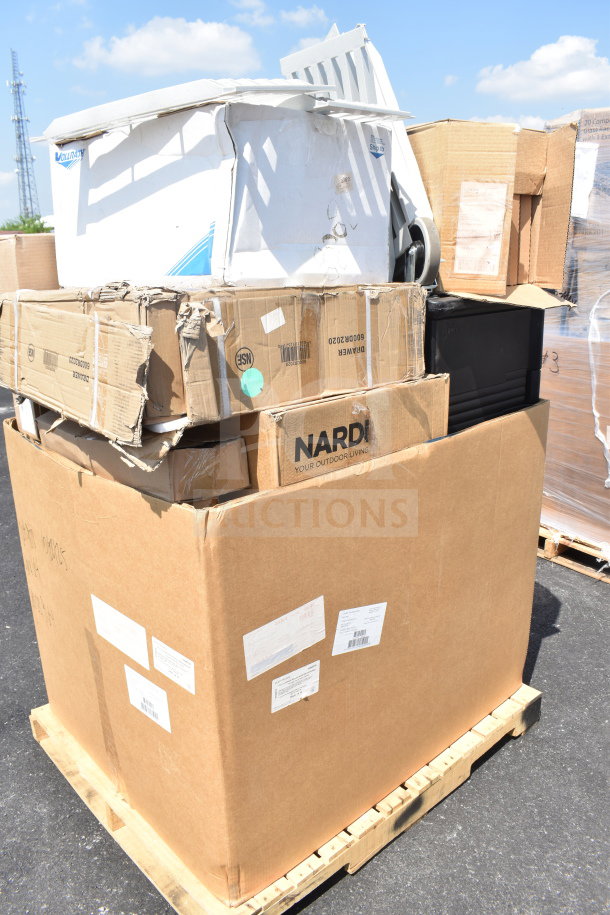 Boxes on a pallet containing 12 scratch and dent items, including a rack and bucket seat, with visible Nardi brand label.