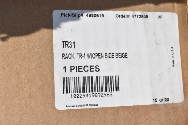 Label showing details for a TR31 rack, beige, with open side. Pick Slip# 4930519, Order# 4772509, 1 piece. Made in USA.
