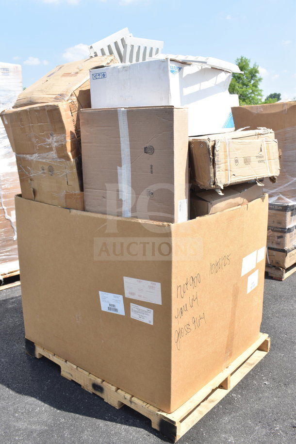 Large pallet with boxes of 12 brand new, scratch, and dent items including rack, bucket seat. Labels and markings visible.
