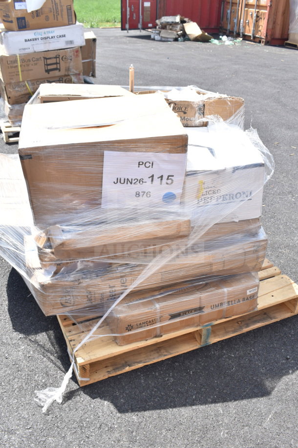 Pallet of assorted scratch and dent items including floor mat, beer tower, glasses, utility cart. Label: PCI JUN26-115.