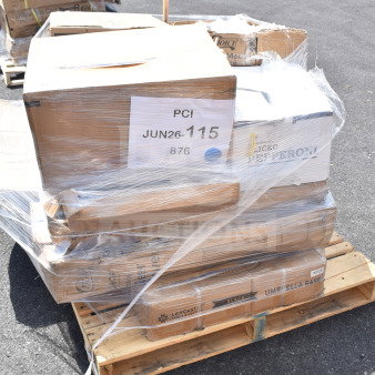 Pallet of assorted scratch and dent items including floor mat, beer tower, glasses, utility cart. Label: PCI JUN26-115.