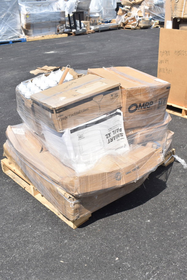 Pallet with assorted scratch and dent new items including floor mat, beer tower, glasses, utility cart. Boxes labeled.