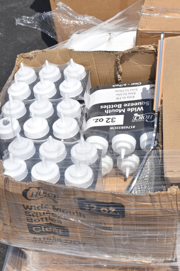 Box of new wide mouth squeeze bottles, 32 oz, labeled "Choice," wrapped in plastic, slight box damage visible.