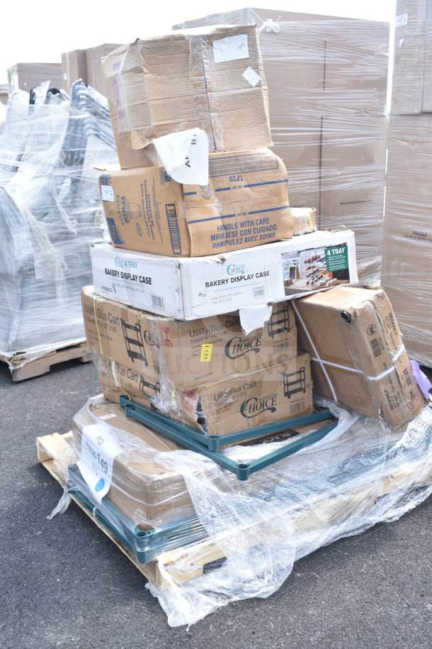 A pallet of 10 new scratch and dent items, including a frame for wire shelving and a Choice utility cart, boxed and wrapped.
