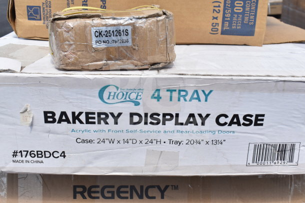Brand new lot with scratched and dented items including a Choice 4-tray bakery display case, CK-251261S box, utility cart.