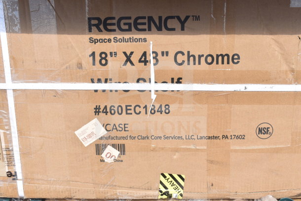 Regency chrome wire shelf box, 18" x 43", model #460EC1848, brand new, contains shelving and utility cart, labeled NSF.