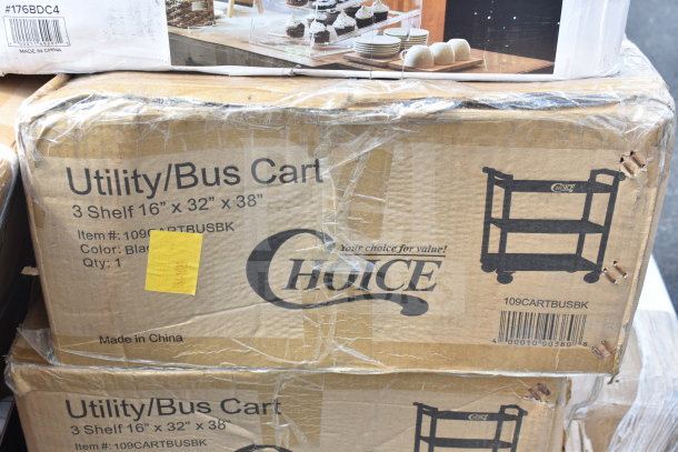 Cardboard box labeled "Choice Utility/Bus Cart," 3 shelves, 16" x 32" x 38", item #109CARTBUSBK, black, quantity 1. Box sealed with tape.